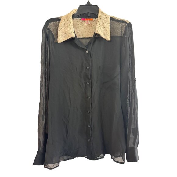 Catch My I Button-Up Womens Medium Polyester Black Lace Collar Long-Sleeve Top - Picture 1 of 5